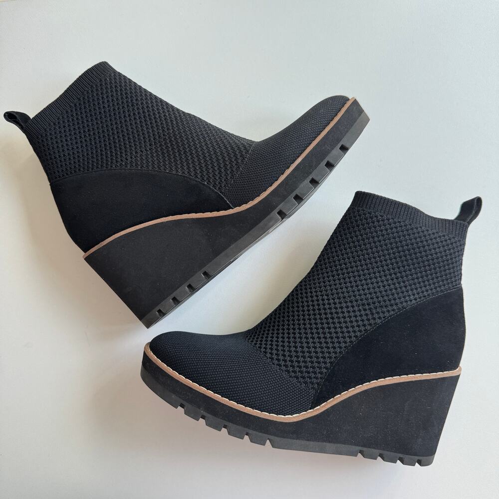 Eileen Fisher Black Suede Knit Quill Stretch Platform Wedge Ankle Bootie Size 7 - Picture 2 of 7